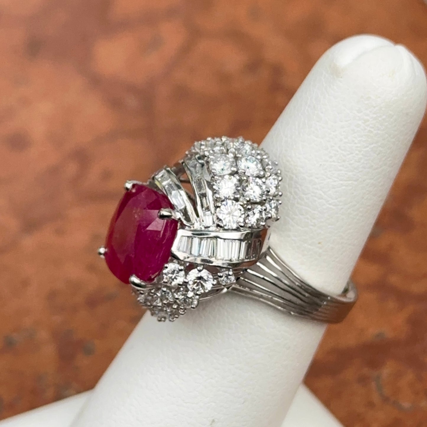 Estate Platinum Cushion Ruby + Diamond Cluster Ring