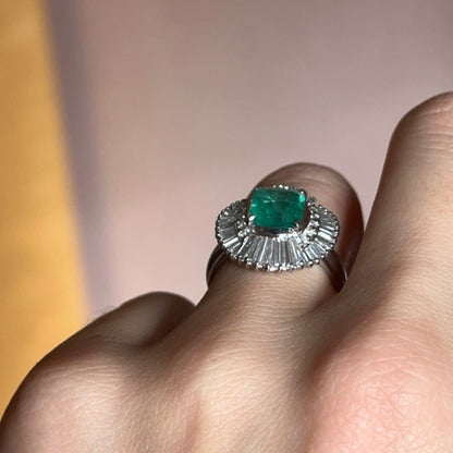 Estate Platinum Emerald-Cut Emerald + Baguette Diamond Ballerina Ring