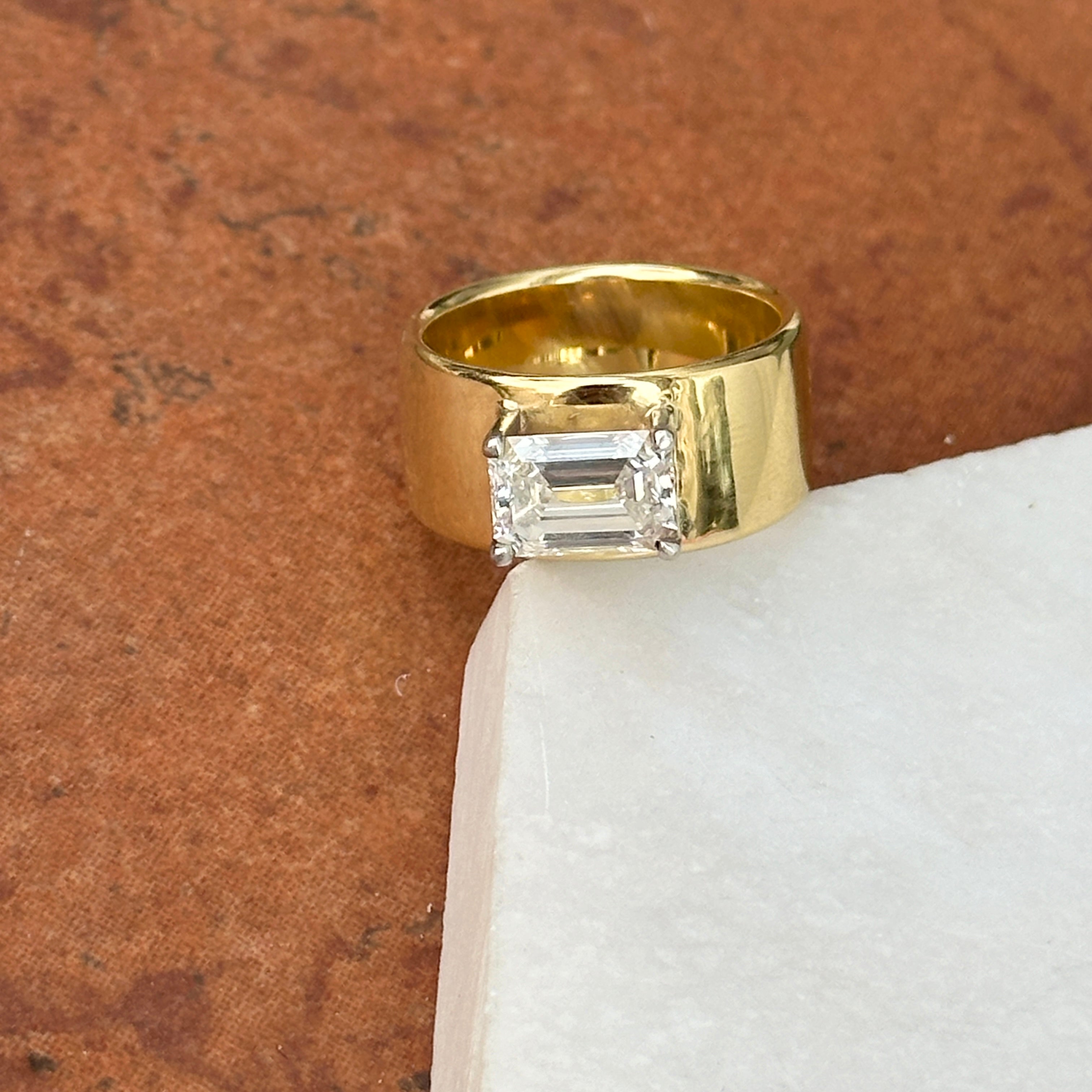 18KT Yellow Gold Wide Band 2.12 CT Emerald-Cut Diamond Ring