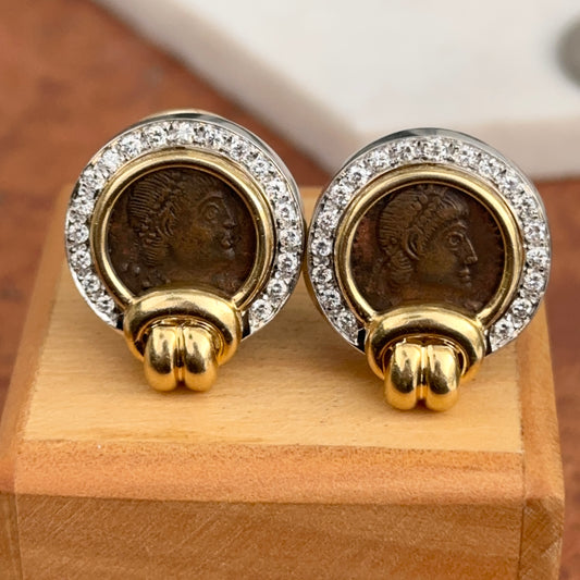 Estate 14KT Yellow Gold Pave Diamond Roman Coin Omega Back Earrings