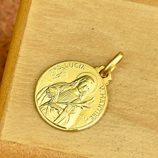 14KT Yellow Gold St Lucia Lucy Matte Medal Pendant Charm 16mm