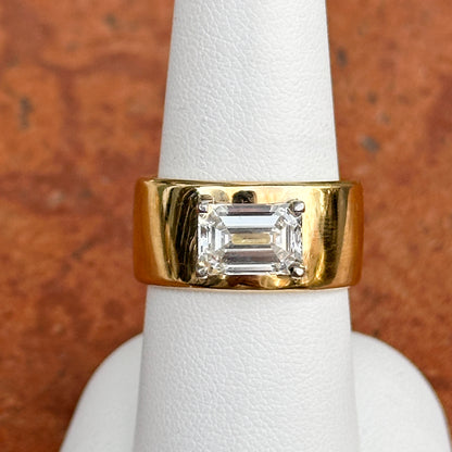 18KT Yellow Gold Wide Band 2.12 CT Emerald-Cut Diamond Ring