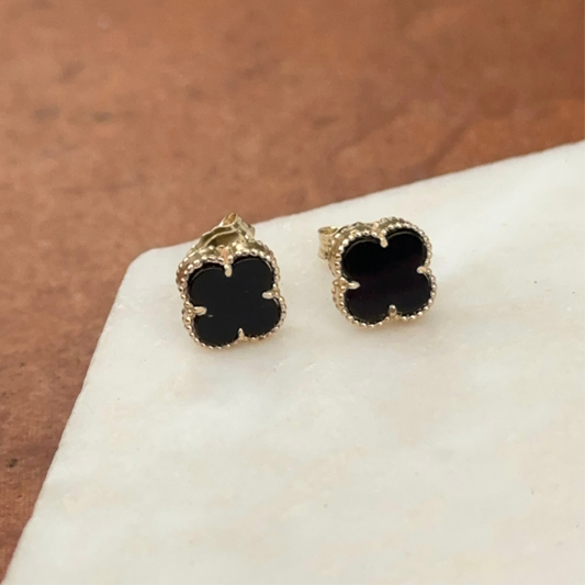 14KT Yellow Gold 8mm Beaded Black Onyx Clover Stud Earrings