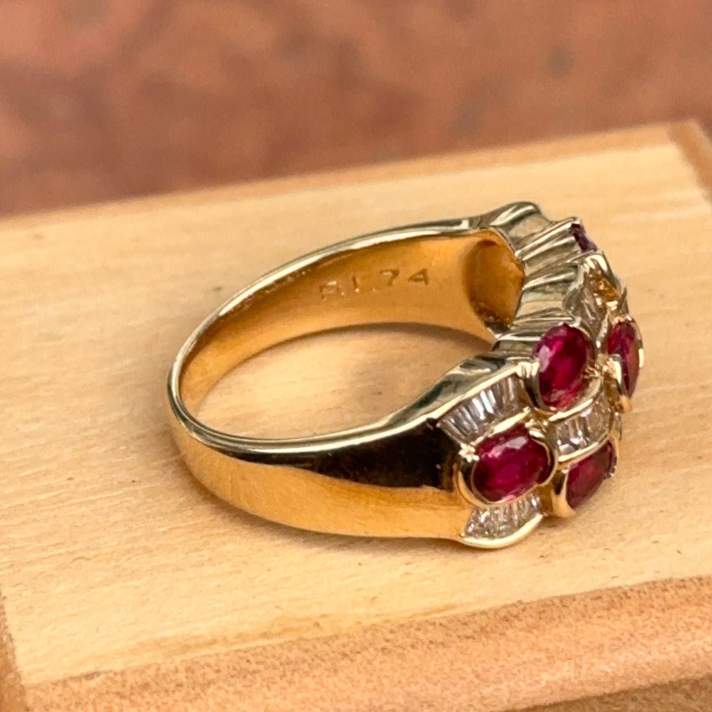 Estate 18KT Yellow Gold Oval Ruby + Baguette Diamond Band Ring