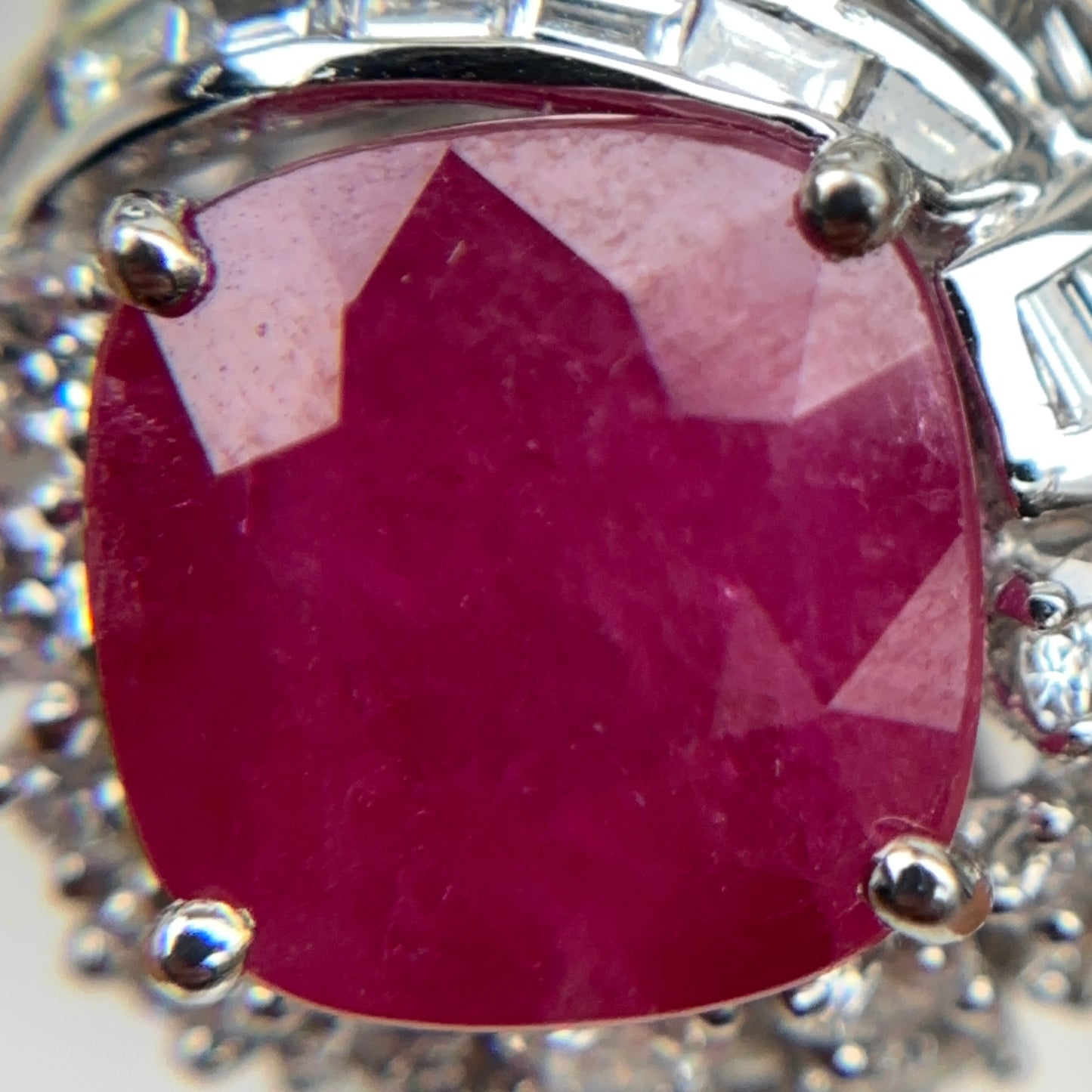 Estate Platinum Cushion Ruby + Diamond Cluster Ring