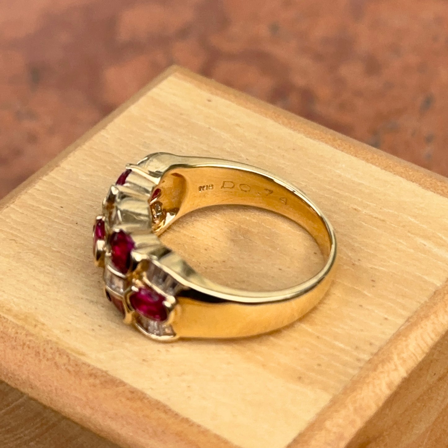 Estate 18KT Yellow Gold Oval Ruby + Baguette Diamond Band Ring