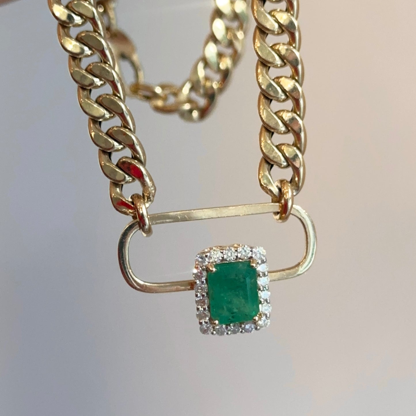 Estate 14KT Yellow Gold Emerald-Cut Emerald + Diamond Curb Chain Necklace