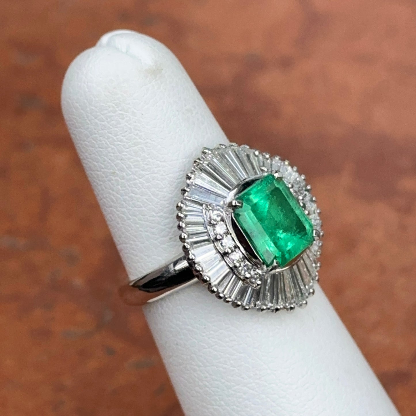 Estate Platinum Emerald-Cut Emerald + Baguette Diamond Ballerina Ring