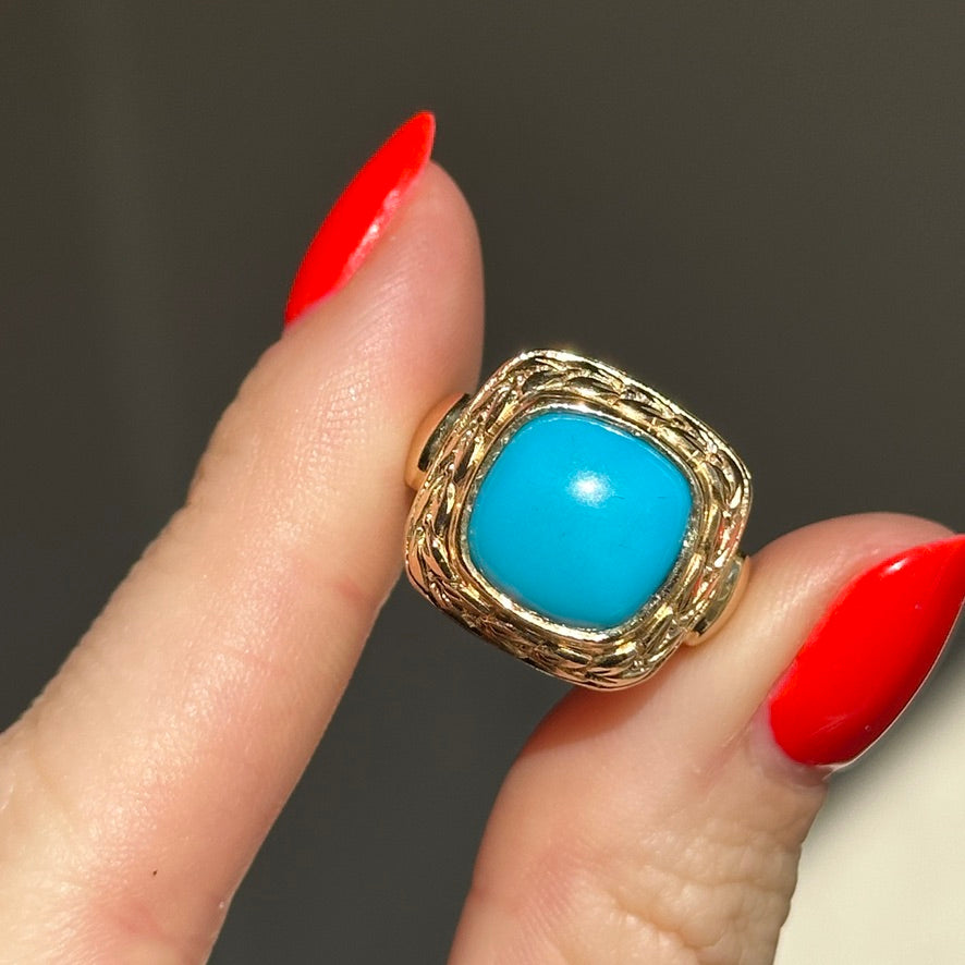 14KT Yellow Gold Sleeping Beauty Turquoise Cabochon Byzantine Ring - LSJ