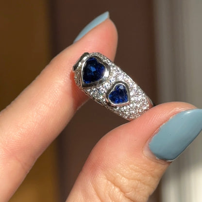 Estate 18KT White Gold Heart Blue Sapphire + Pave Diamond Ring