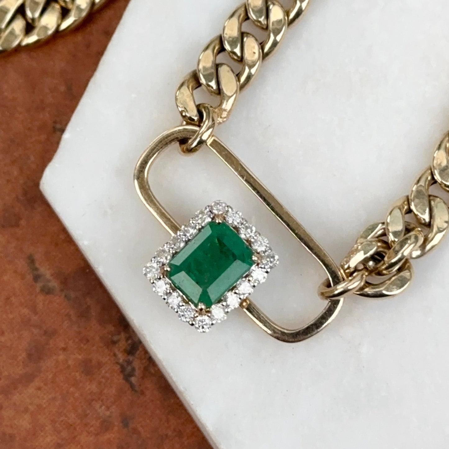 Estate 14KT Yellow Gold Emerald-Cut Emerald + Diamond Curb Chain Necklace