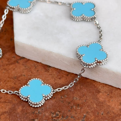 14KT White Gold Turquoise Ribbed Clover Bracelet