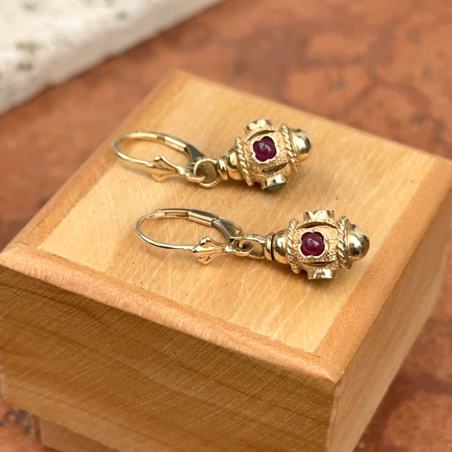 Estate 14KT Yellow Gold Ornate Ruby + Emerald Charm Lever Back Earrings