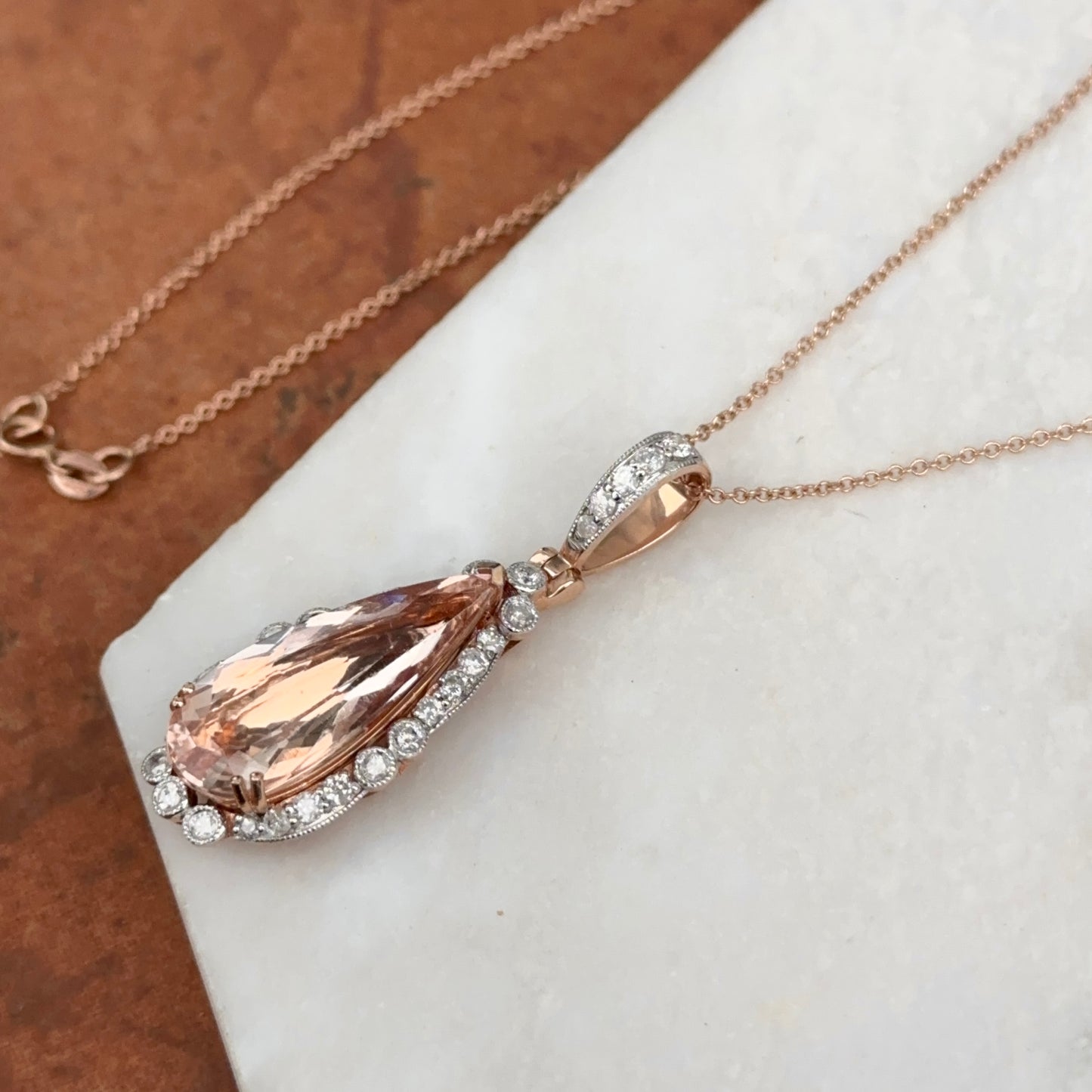 Estate 14KT White + Rose Gold Morganite + Diamond Pendant Necklace