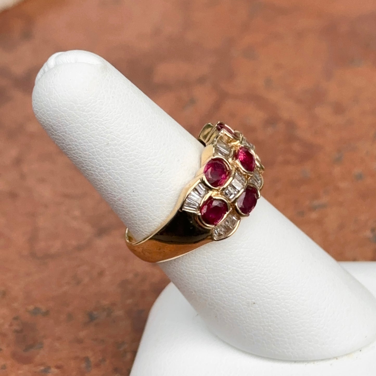 Estate 18KT Yellow Gold Oval Ruby + Baguette Diamond Band Ring