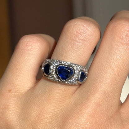 Estate 18KT White Gold Heart Blue Sapphire + Pave Diamond Ring
