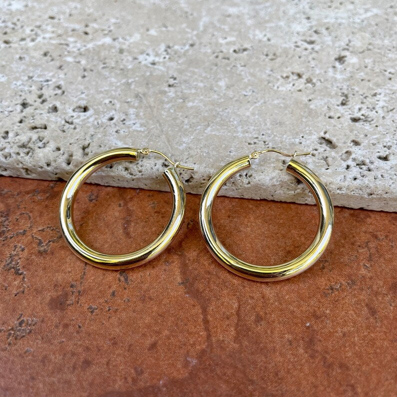 10KT Yellow Gold Round 4mm Tube Hoop Earrings 28mm