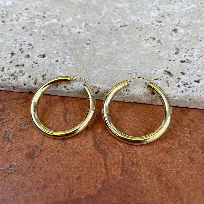 10KT Yellow Gold Hollow Tube Hoop Earrings 28mm