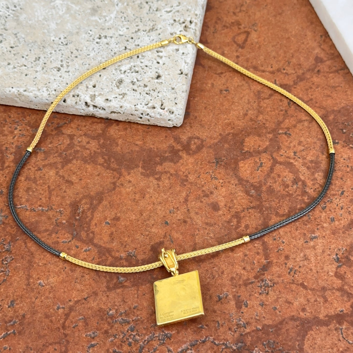 Estate 18KT Yellow + Black Gold Diamond Square Pendant Necklace