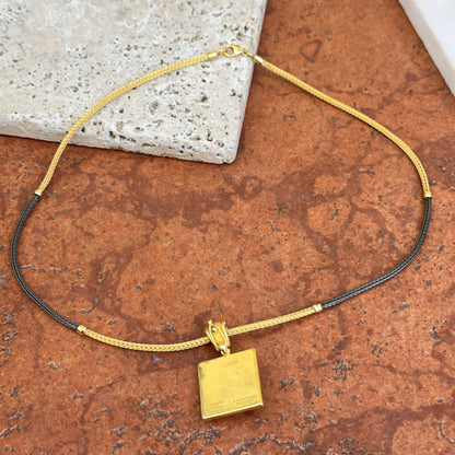 Estate 18KT Yellow + Black Gold Diamond Square Pendant Necklace
