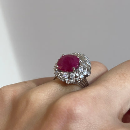 Estate Platinum Cushion Ruby + Diamond Cluster Ring