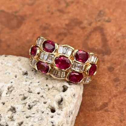 Estate 18KT Yellow Gold Oval Ruby + Baguette Diamond Band Ring