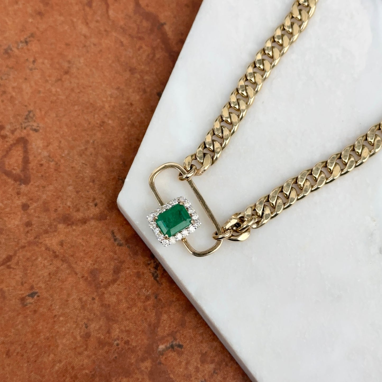 Estate 14KT Yellow Gold Emerald-Cut Emerald + Diamond Curb Chain Necklace