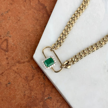 Estate 14KT Yellow Gold Emerald-Cut Emerald + Diamond Curb Chain Necklace