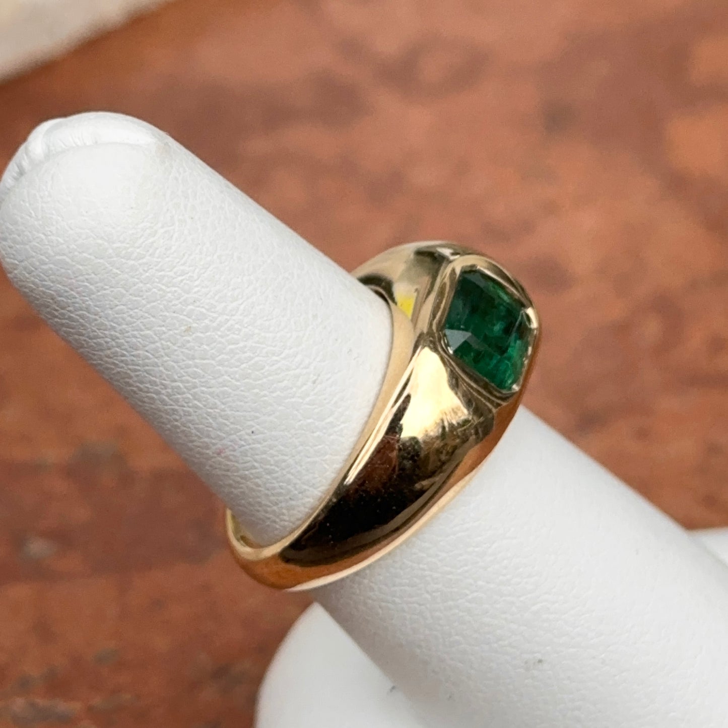 Estate 18KT Yellow Gold Emerald-Cut Emerald + Bezel Diamond Ring