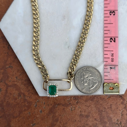 Estate 14KT Yellow Gold Emerald-Cut Emerald + Diamond Curb Chain Necklace