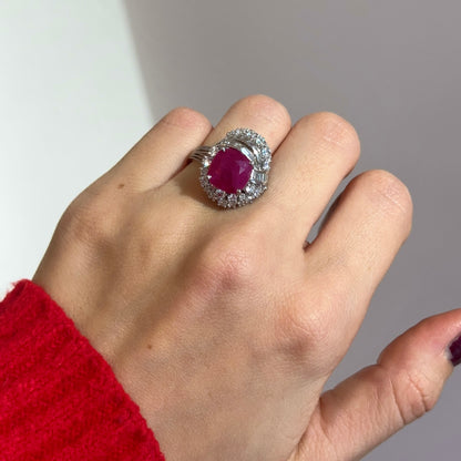 Estate Platinum Cushion Ruby + Diamond Cluster Ring