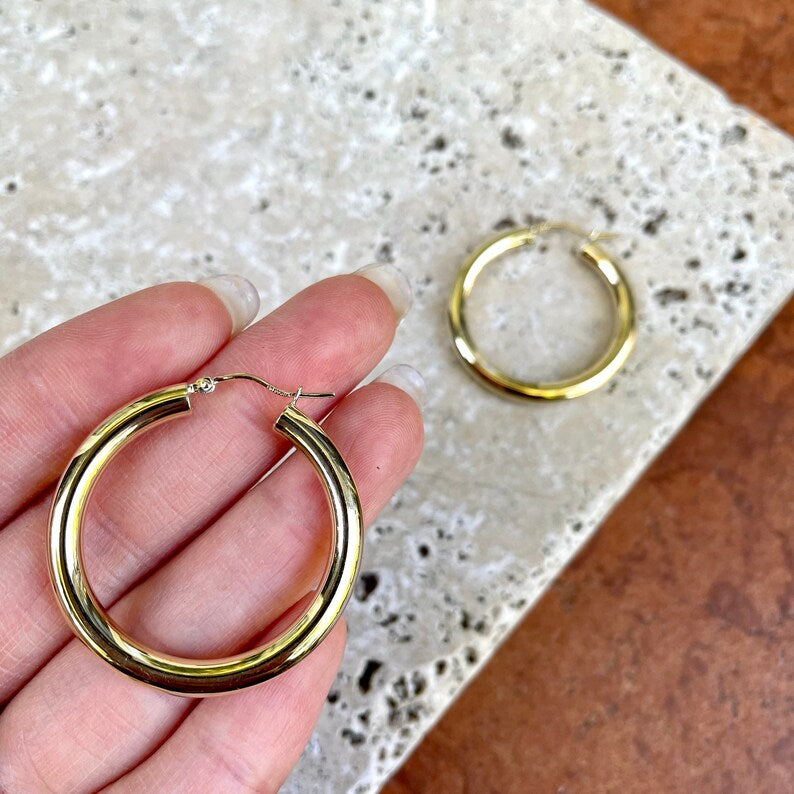 10KT Yellow Gold Hollow Tube Hoop Earrings 28mm