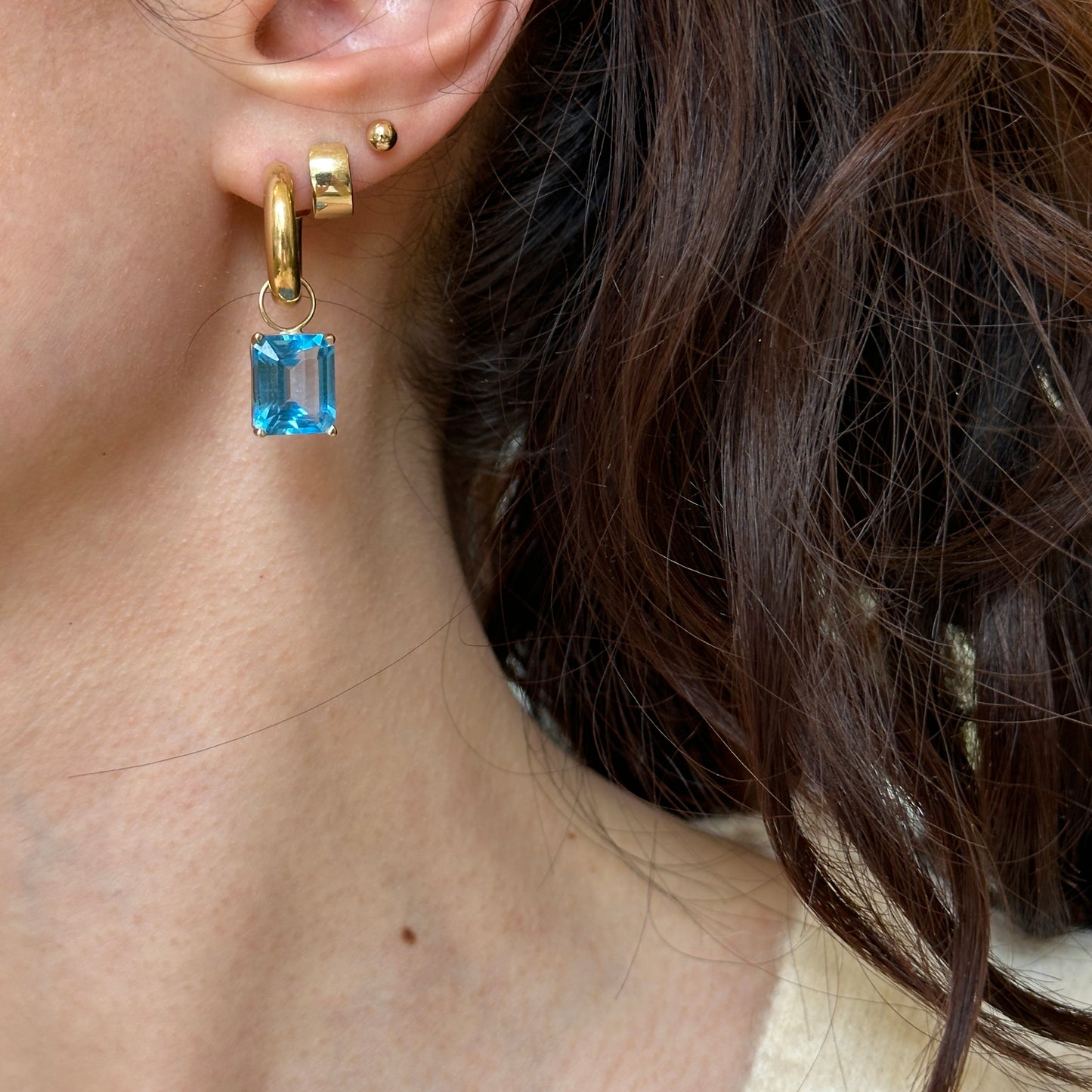 14KT Yellow Gold Swiss Blue Topaz Emerald-Cut Earring Charms