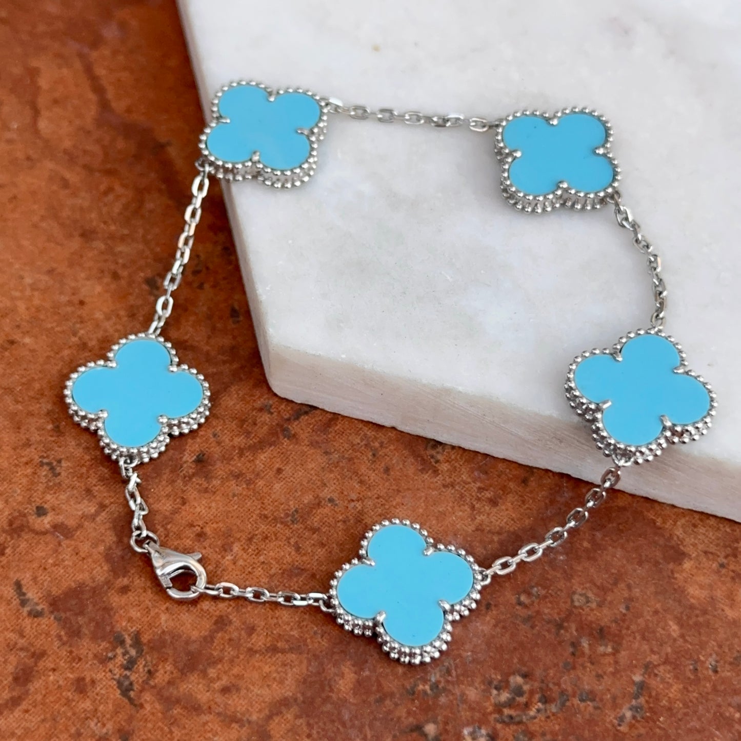 14KT White Gold Turquoise Ribbed Clover Bracelet
