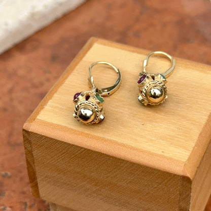 Estate 14KT Yellow Gold Ornate Ruby + Emerald Charm Lever Back Earrings