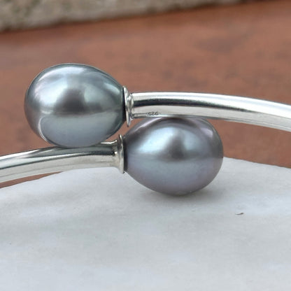 Sterling Silver Gray Freshwater Pearl Bypass Bangle Bracelet