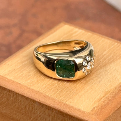 Estate 18KT Yellow Gold Emerald-Cut Emerald + Bezel Diamond Ring