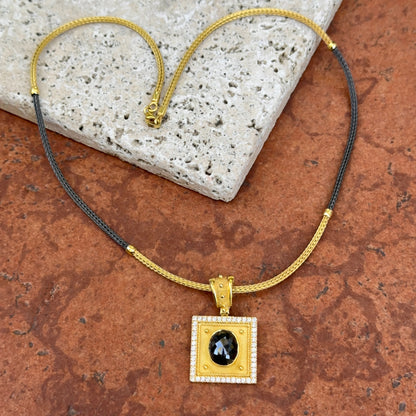 Estate 18KT Yellow + Black Gold Diamond Square Pendant Necklace