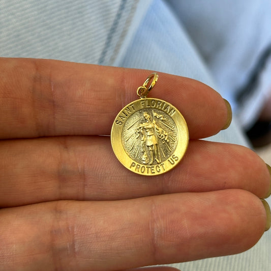 Sterling Silver 24KT Gold Plated Saint Florian Protect Us Round Medal Pendant 18mm