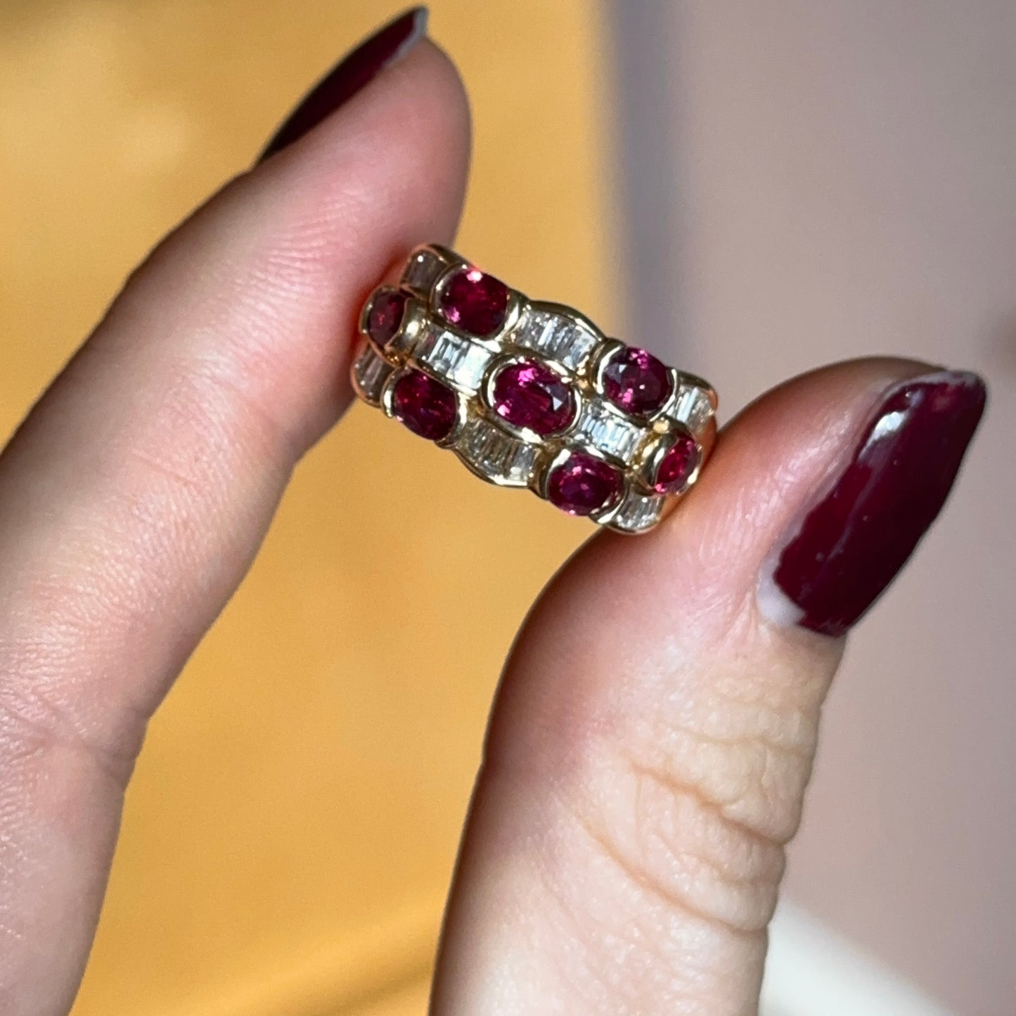 Estate 18KT Yellow Gold Oval Ruby + Baguette Diamond Band Ring