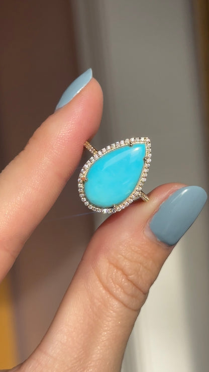 14KT Yellow Gold Pear Turquoise + Pave Diamond Halo Ring