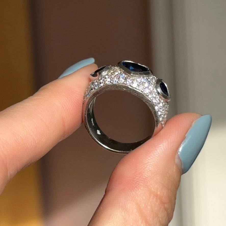 Estate 18KT White Gold Heart Blue Sapphire + Pave Diamond Ring