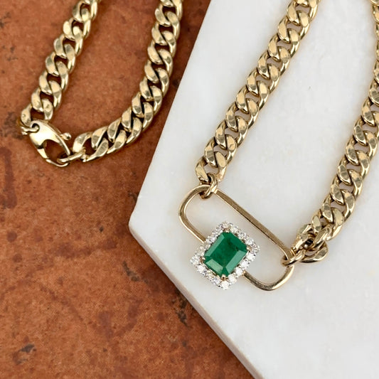 Estate 14KT Yellow Gold Emerald-Cut Emerald + Diamond Curb Chain Necklace