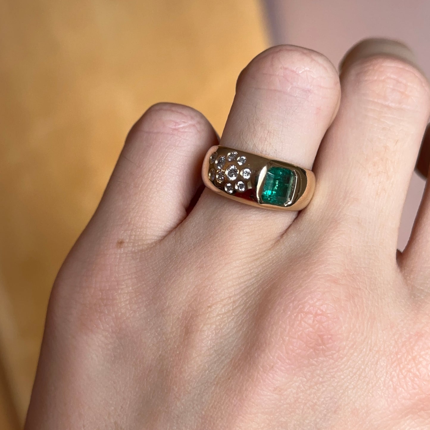 Estate 18KT Yellow Gold Emerald-Cut Emerald + Bezel Diamond Ring