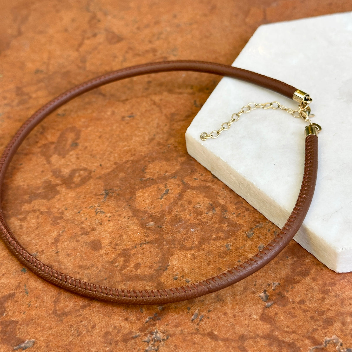 14KT Yellow Gold Brown Stitched 3mm Leather Necklace