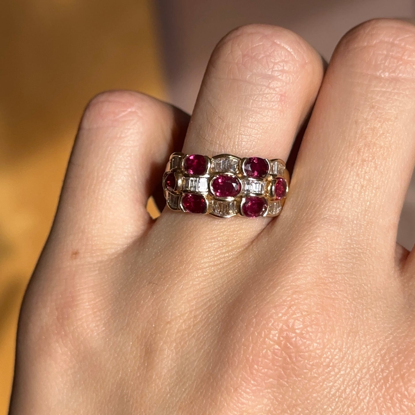 Estate 18KT Yellow Gold Oval Ruby + Baguette Diamond Band Ring