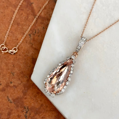 Estate 14KT White + Rose Gold Morganite + Diamond Pendant Necklace