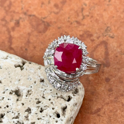 Estate Platinum Cushion Ruby + Diamond Cluster Ring