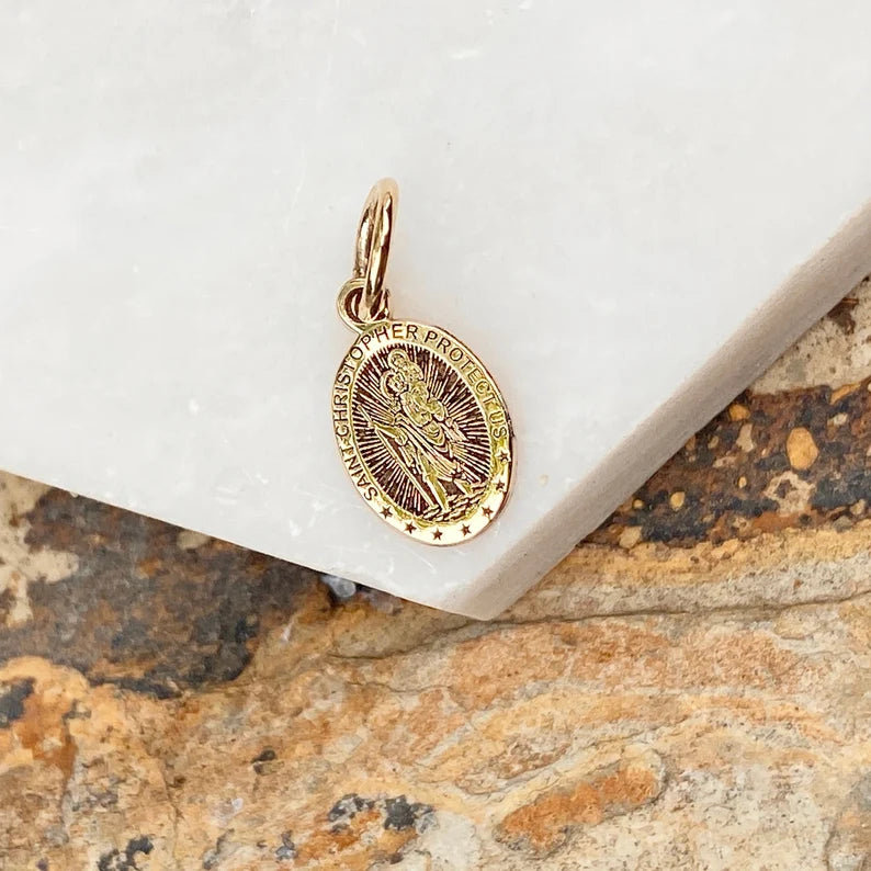 10KT Yellow Gold St. Christopher Oval Medal Pendant Charm - LSJ