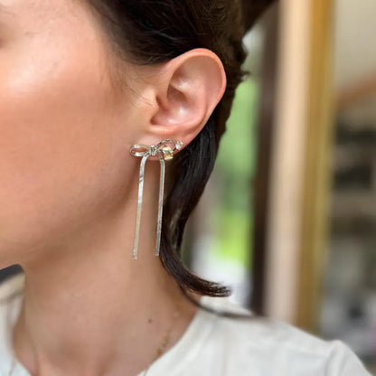 Sterling Silver Snake Chain Bow Long Dangle Post Earrings